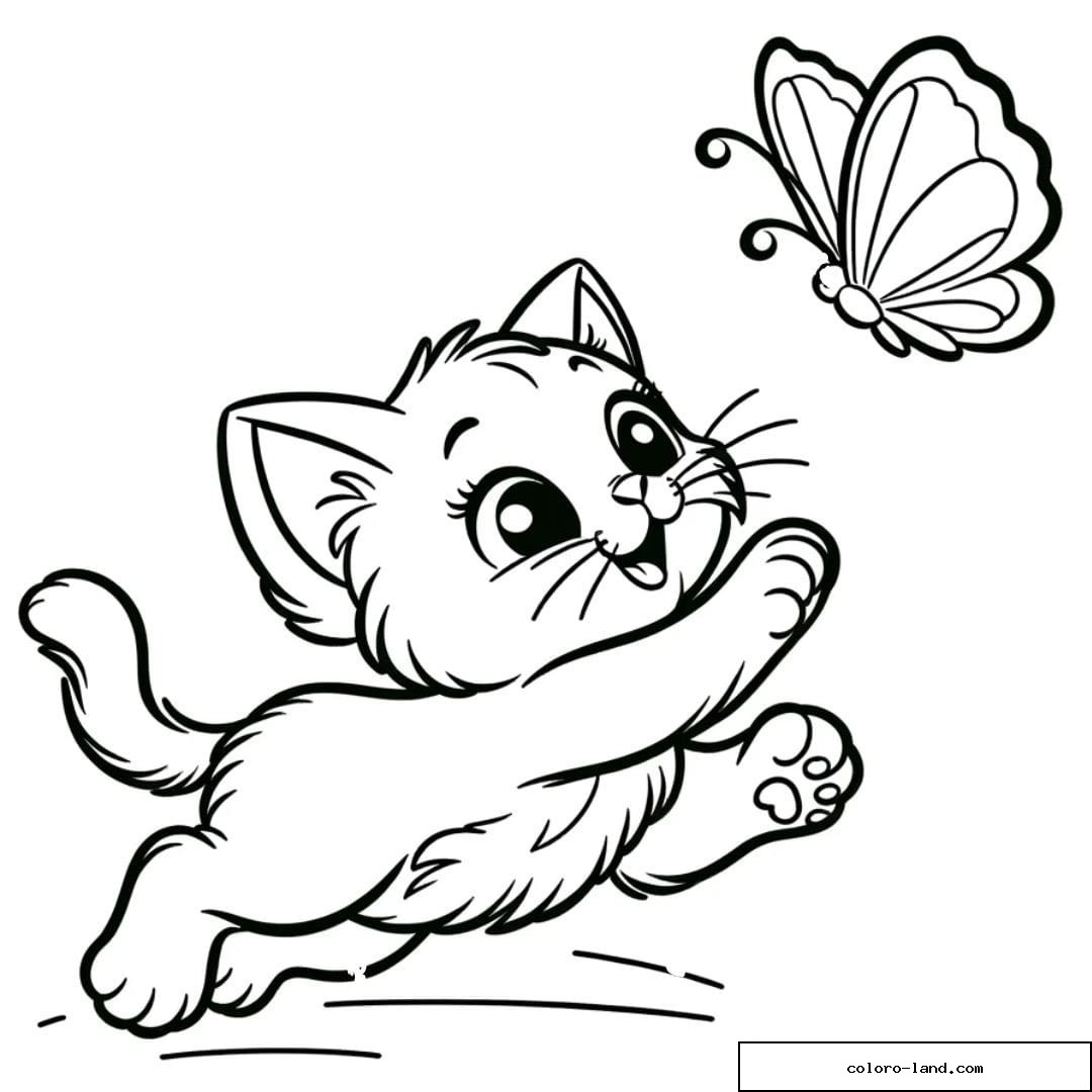 Coloriage d'un Chaton jouant avec un papillon