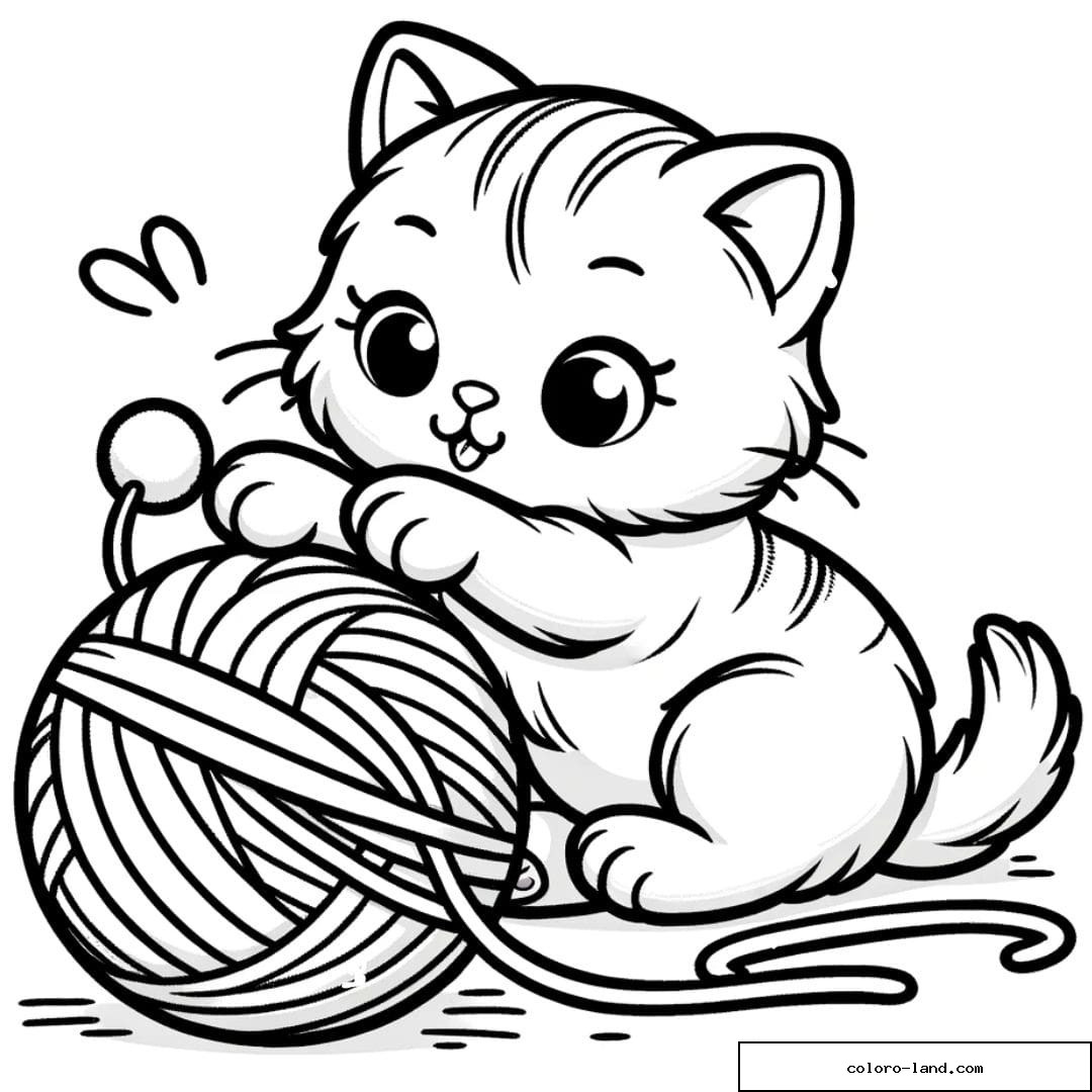 Coloriage d'un Chaton jouant avec une pelote de laine