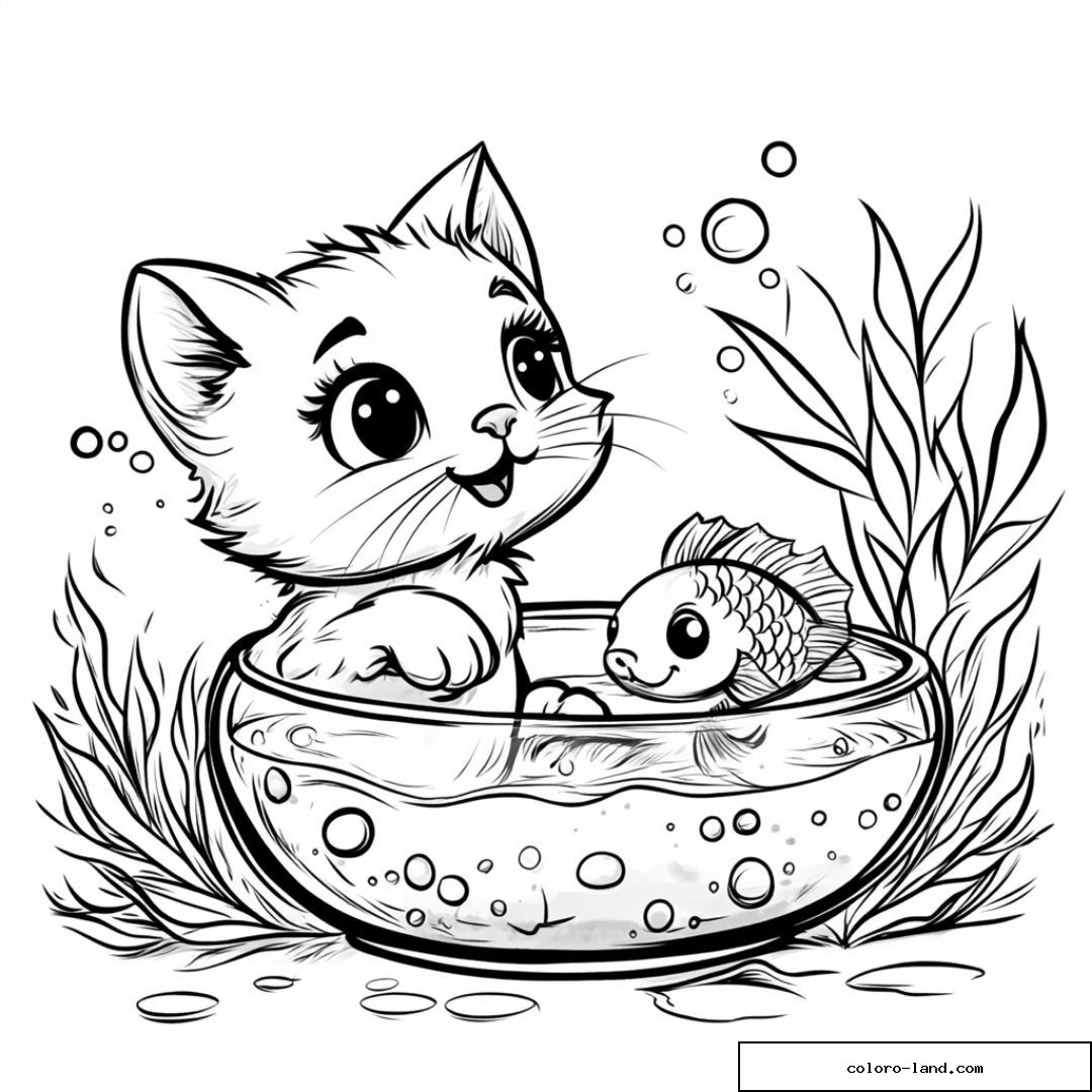 Coloriage chaton et poisson dans un bain