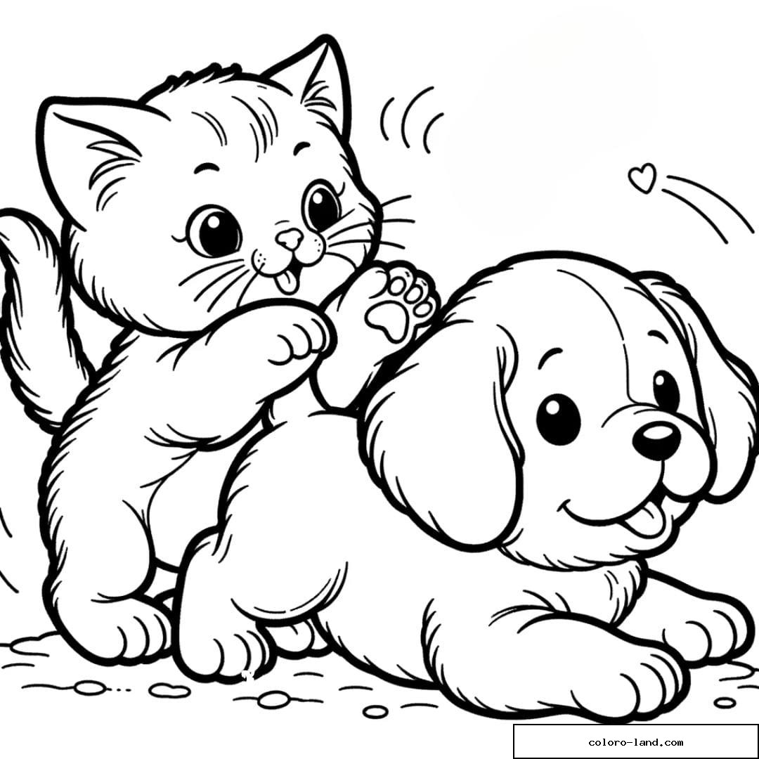 Coloriage d'un Chaton jouant avec un chiot