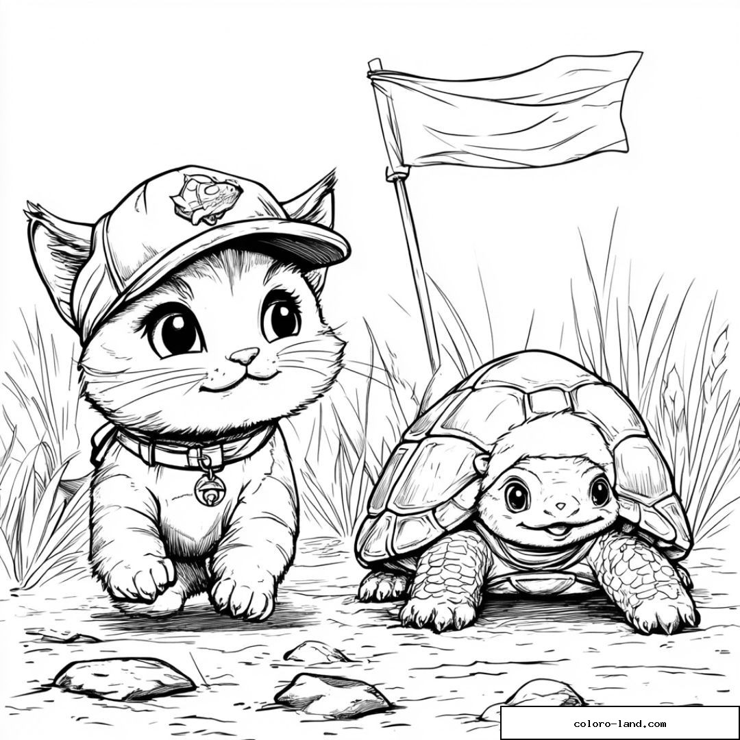 Chaton mignon avec casquette et tortue sur terrain d'aventure