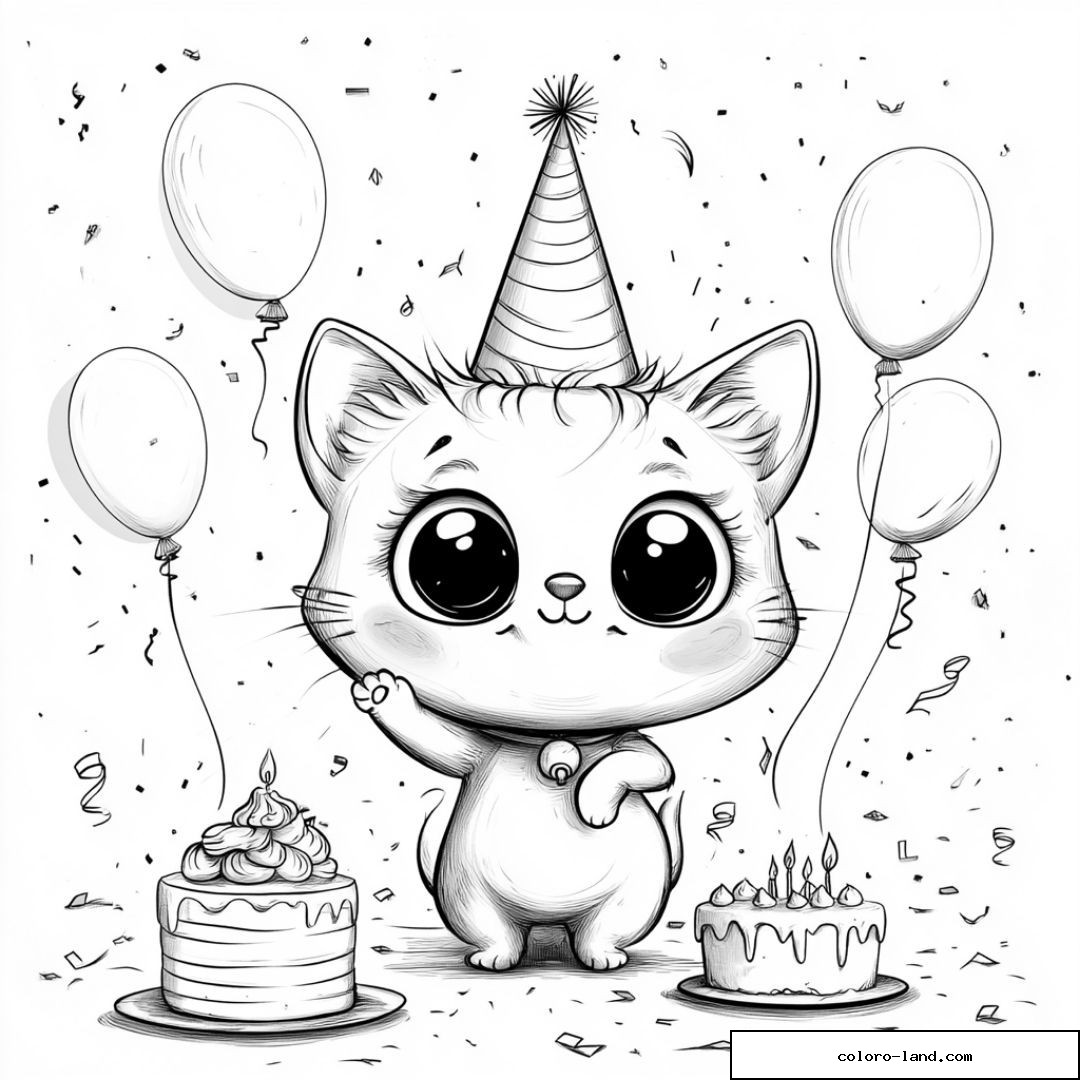 Dessin de chaton mignon avec chapeau de fête