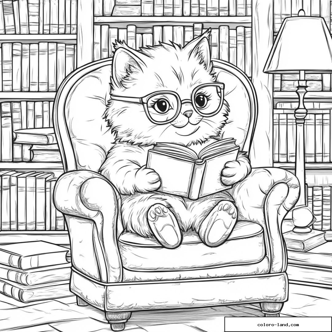 Chaton à lunettes lisant un livre dans un fauteuil