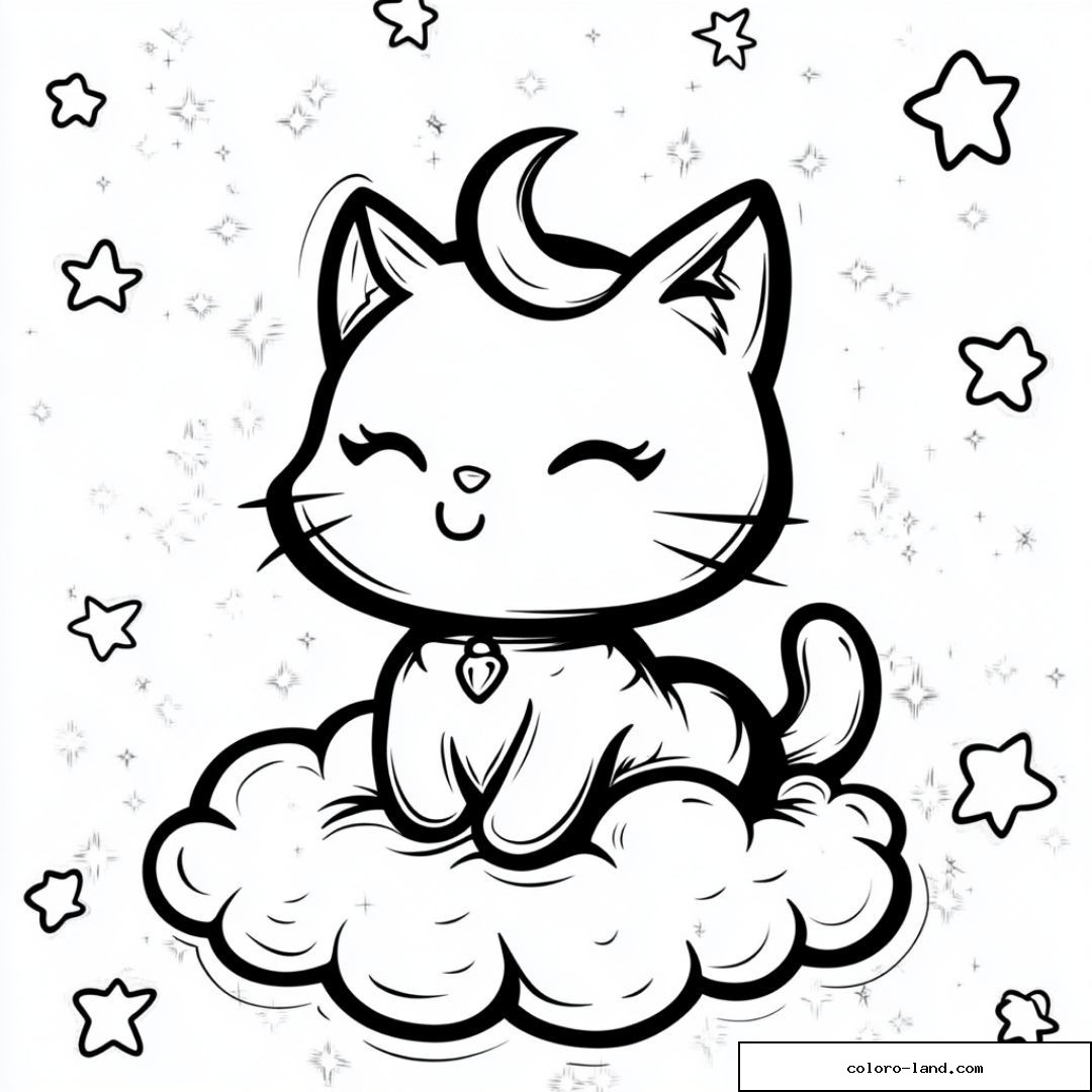 Chaton assis sur un nuage avec étoiles et éclats magiques