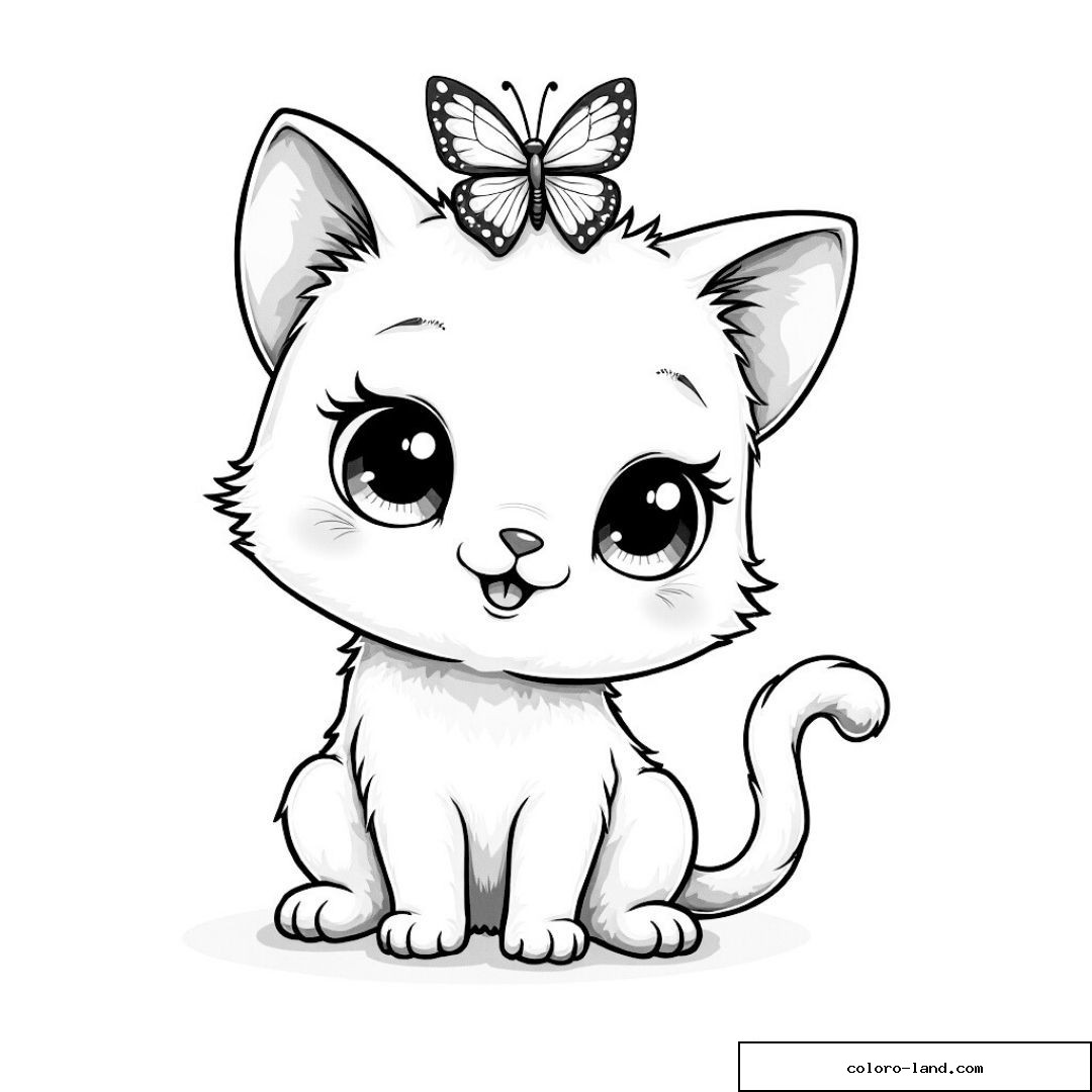 Chaton mignon avec papillon sur la tête à colorier