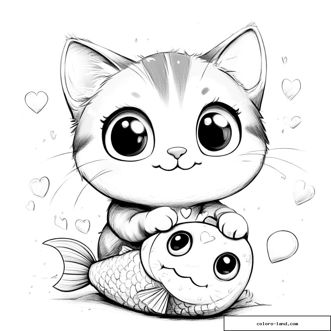 Chaton câlinant un poisson avec des cœurs