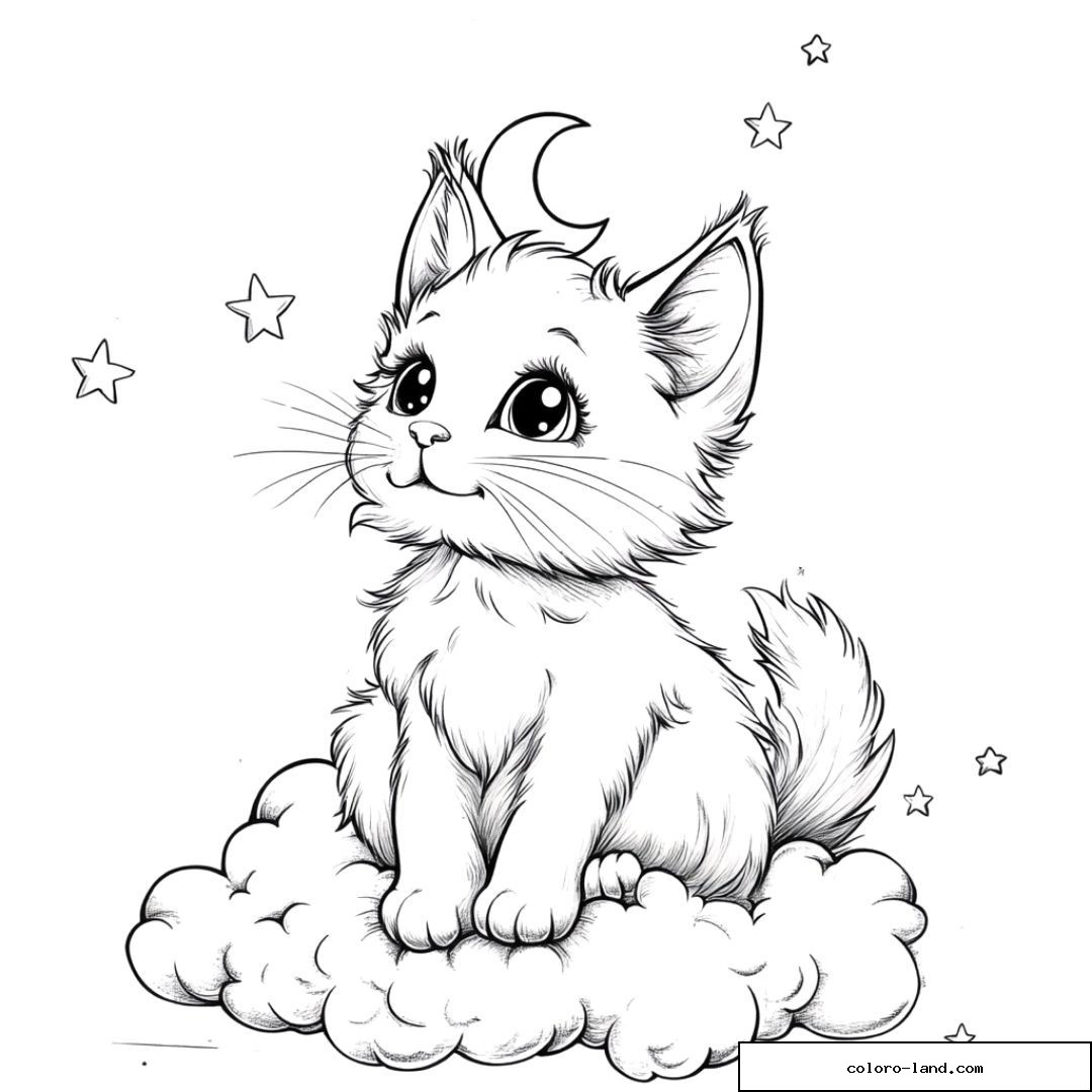 Chaton assis sur un nuage entouré d'étoiles