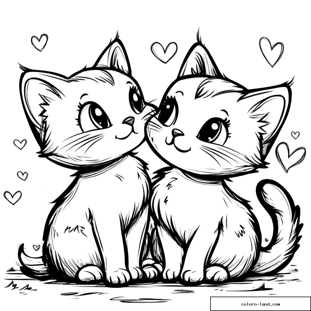 Dessin de deux chatons câlins avec des cœurs