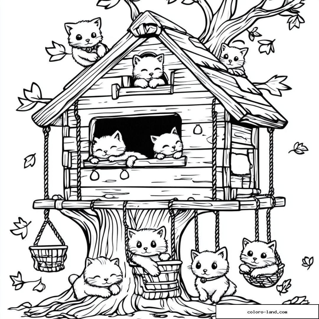 Dessin de chatons mignons dans une cabane en bois avec accessoires