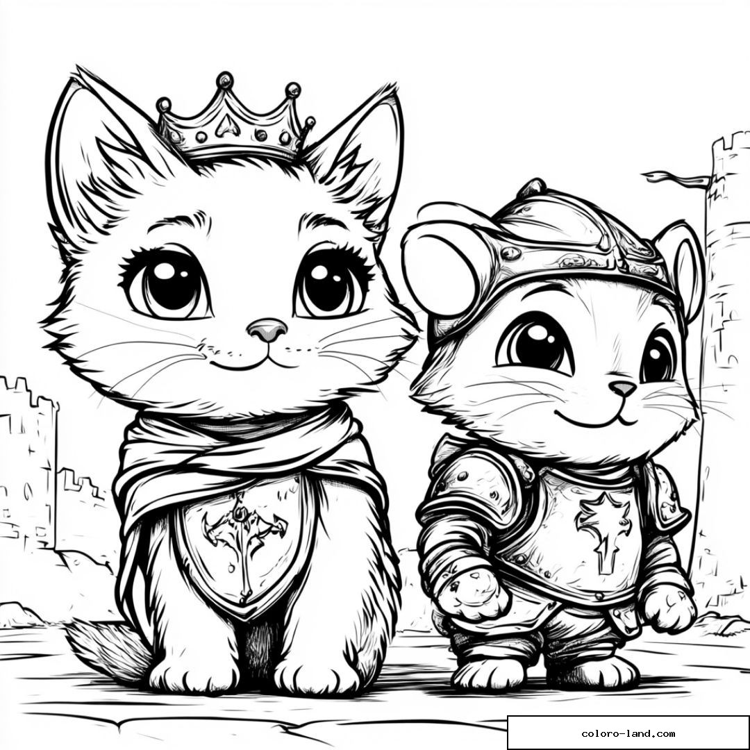 Chevalier chat et hamster en armure devant château