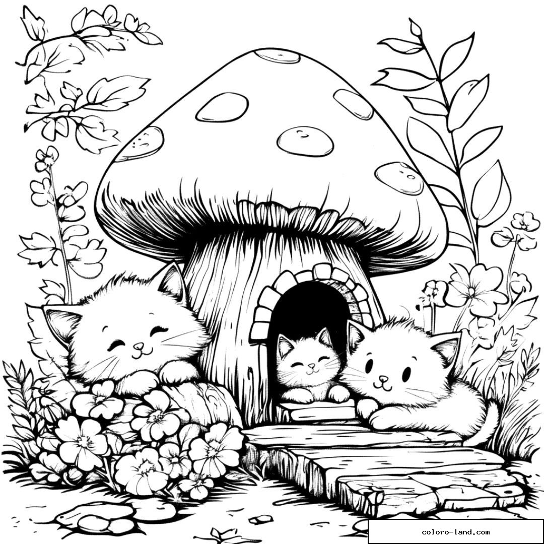 Chatons mignons près d'une maison en forme de champignon