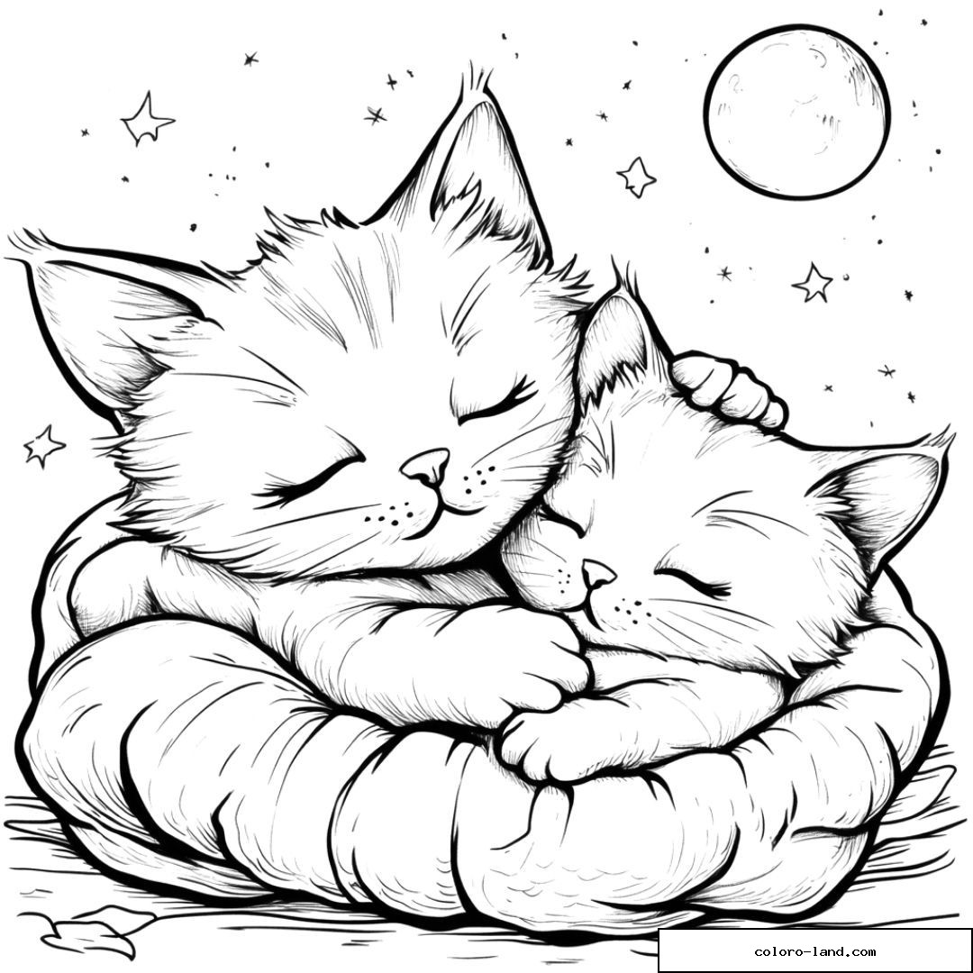 Chatons endormis enlacés sous un ciel nocturne étoilé.