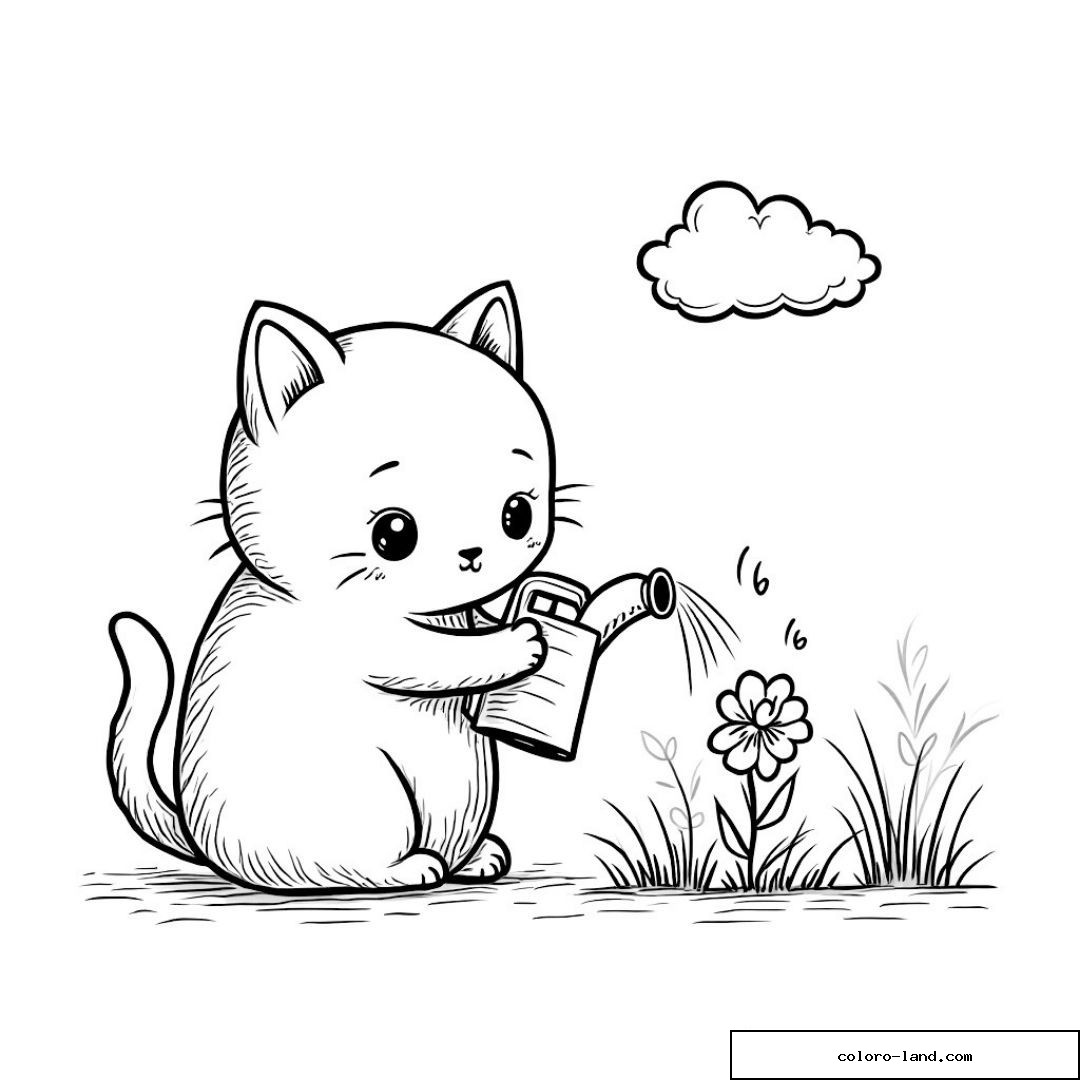 Chat mignon arrosant une fleur dans un jardin.