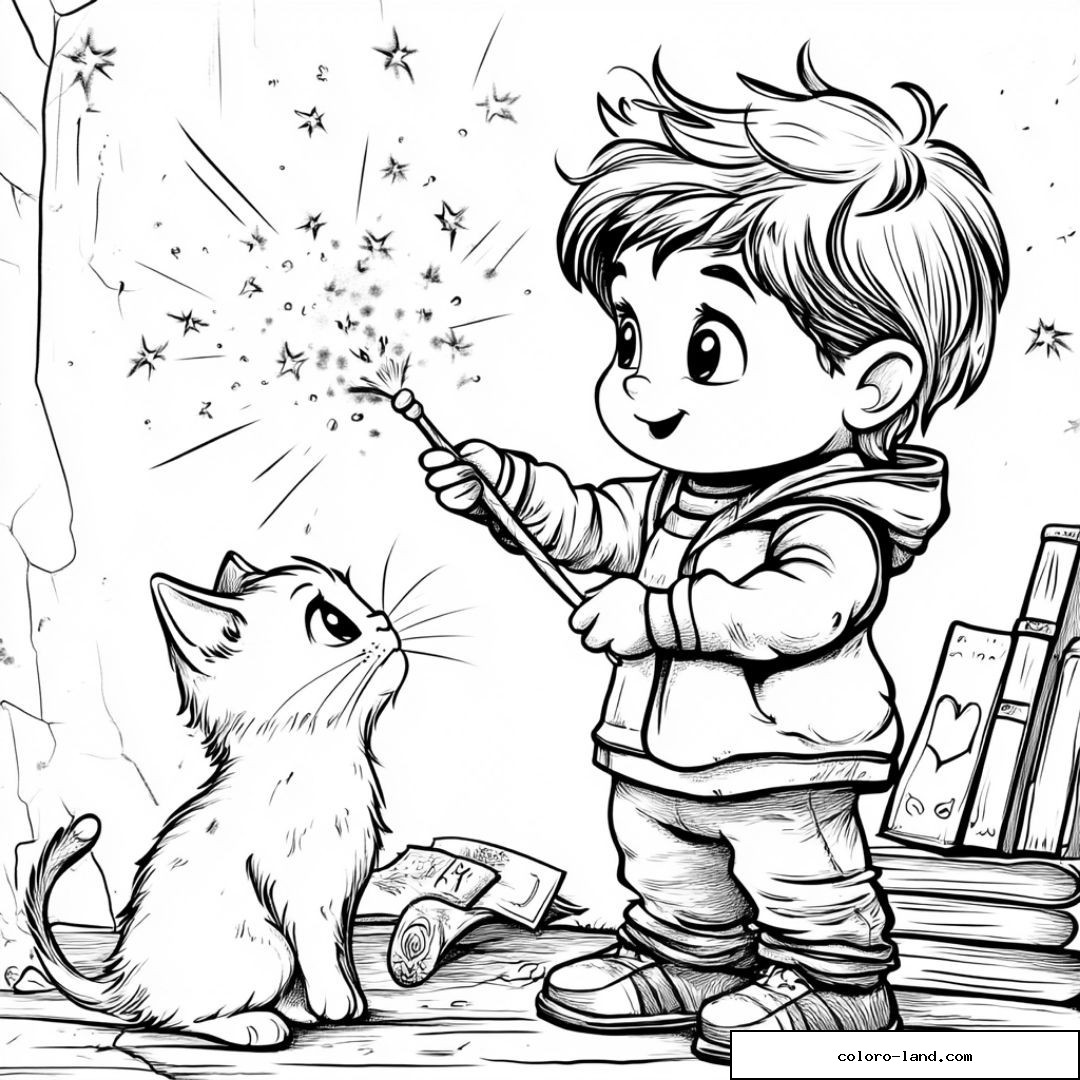 Enfant avec baguette magique et chat observateur