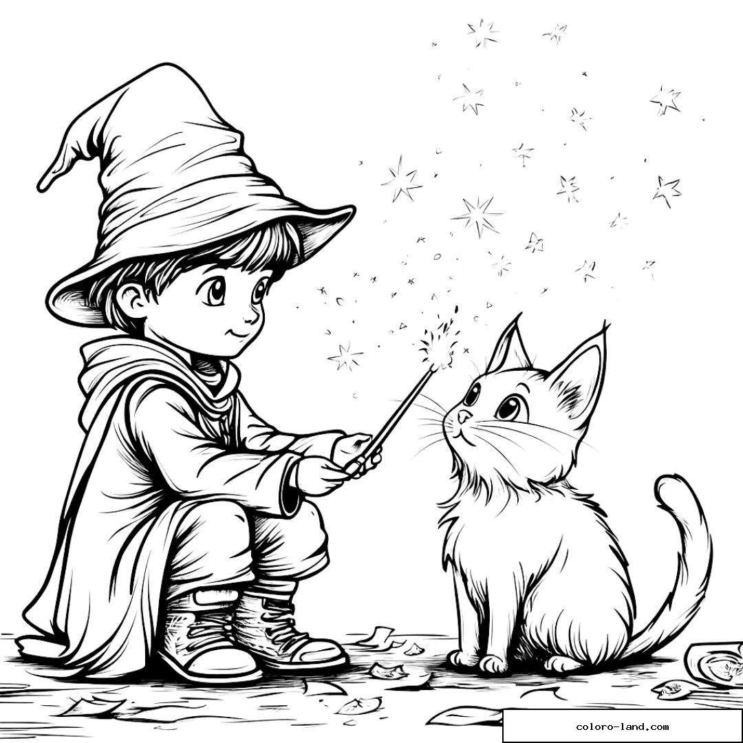 Coloriage petit sorcier avec chapeau pointu et chat avec baguette magique