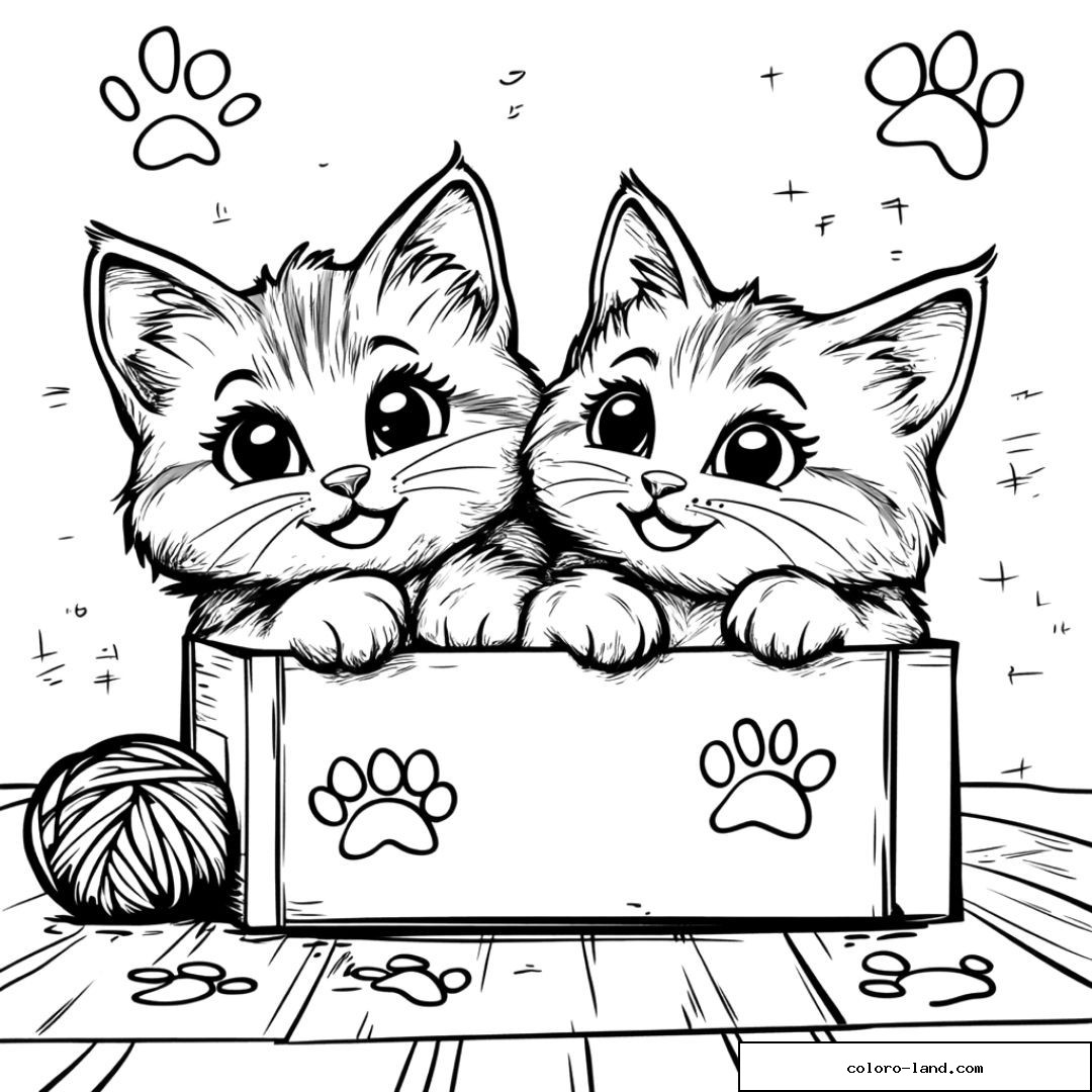 Dessin à colorier de deux chatons dans une boîte avec pelote.