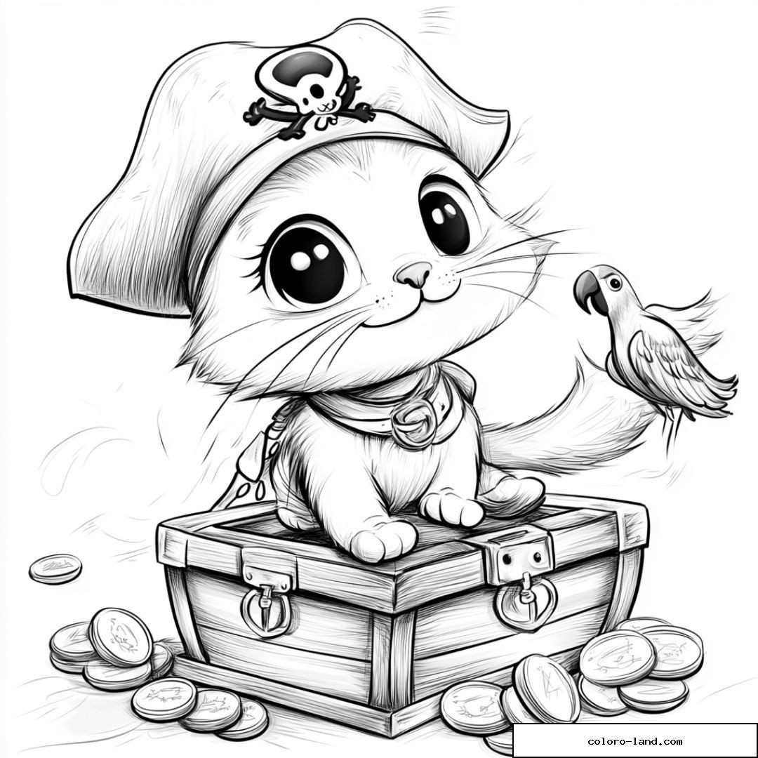 Chat pirate mignon avec perroquet et trésor à colorier.