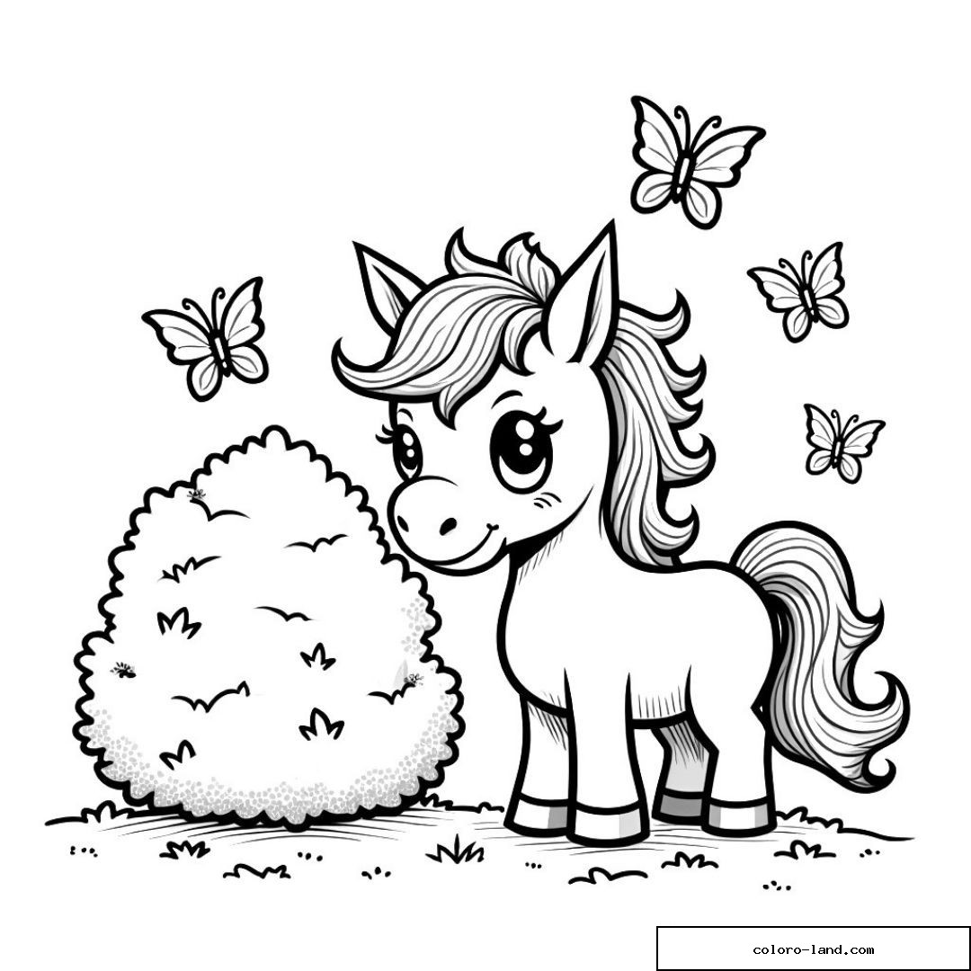 Image d’un cheval mignon avec des papillons et des arbres à colorier.