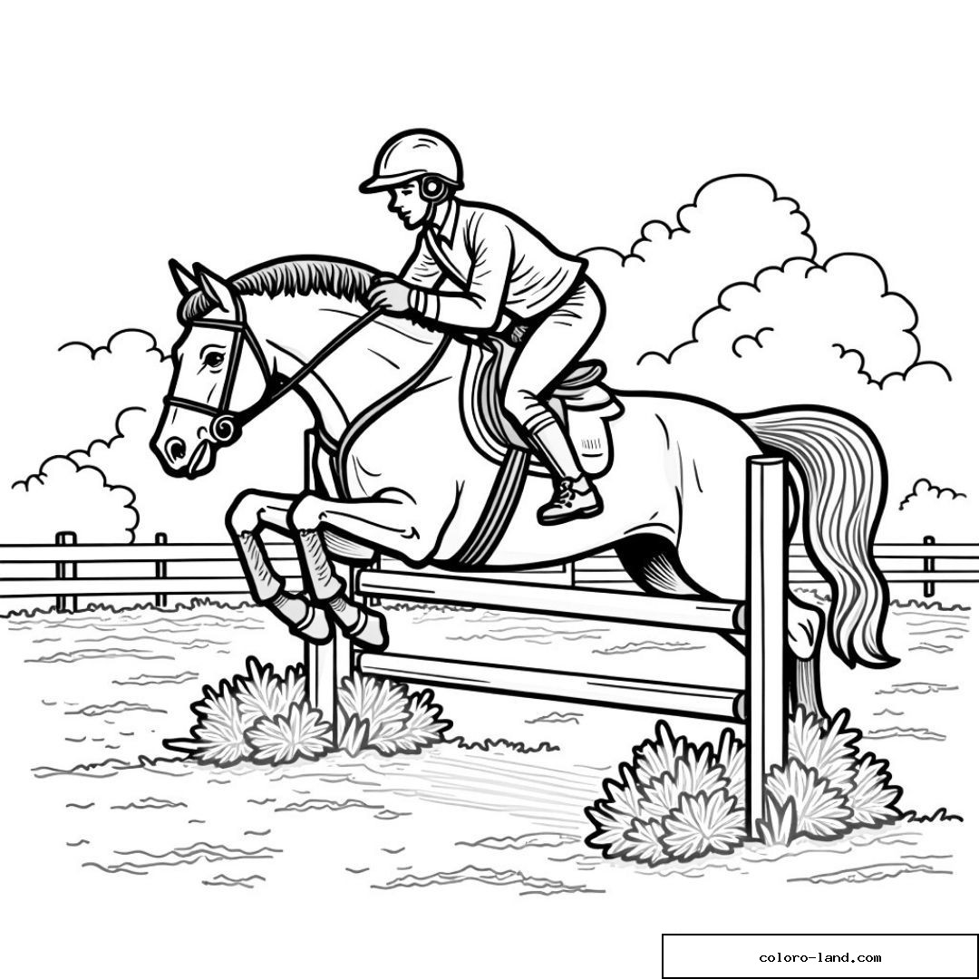 Cavalier et cheval sautant une barrière dans un champ