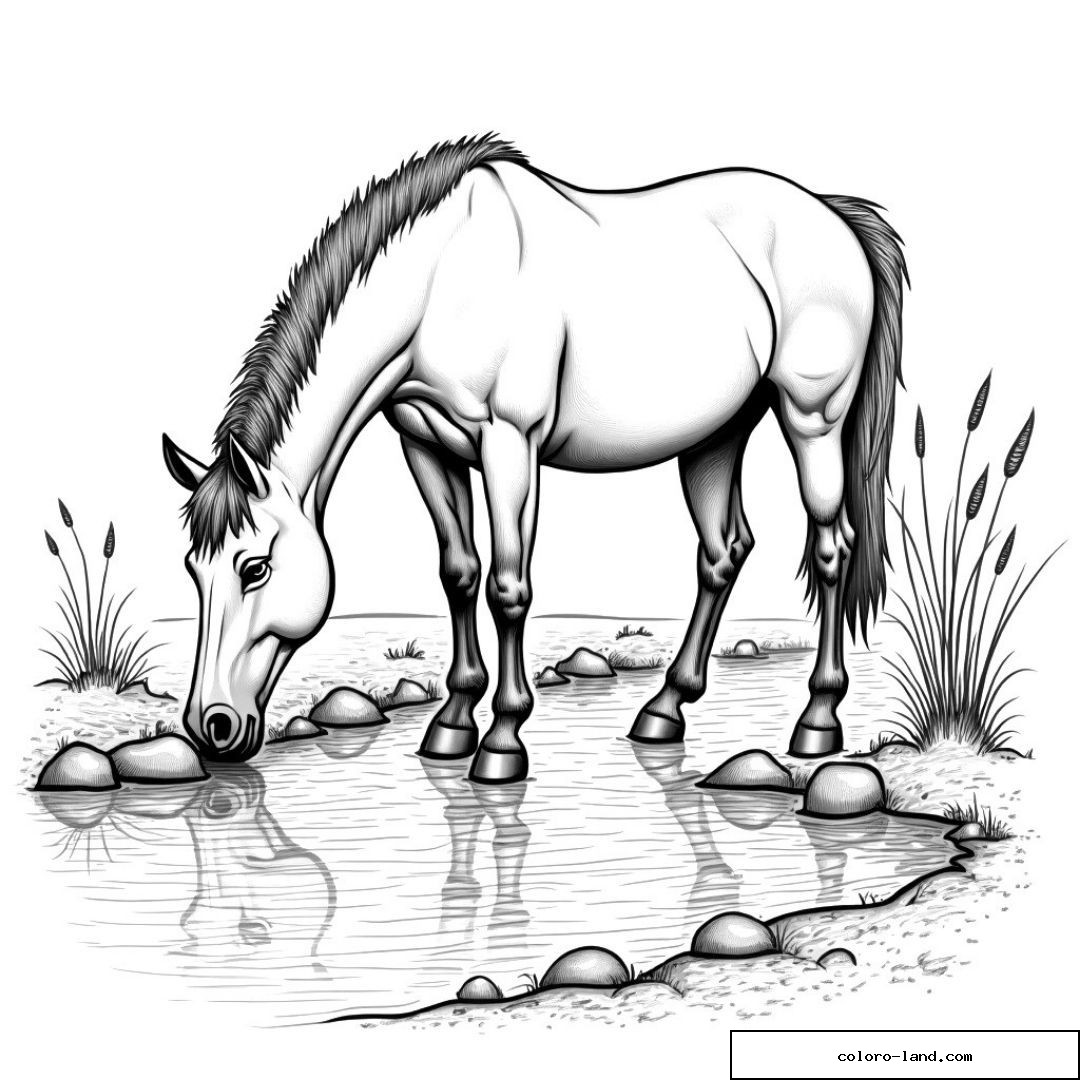 Coloriage de cheval buvant de l'eau avec reflets dans une mare.