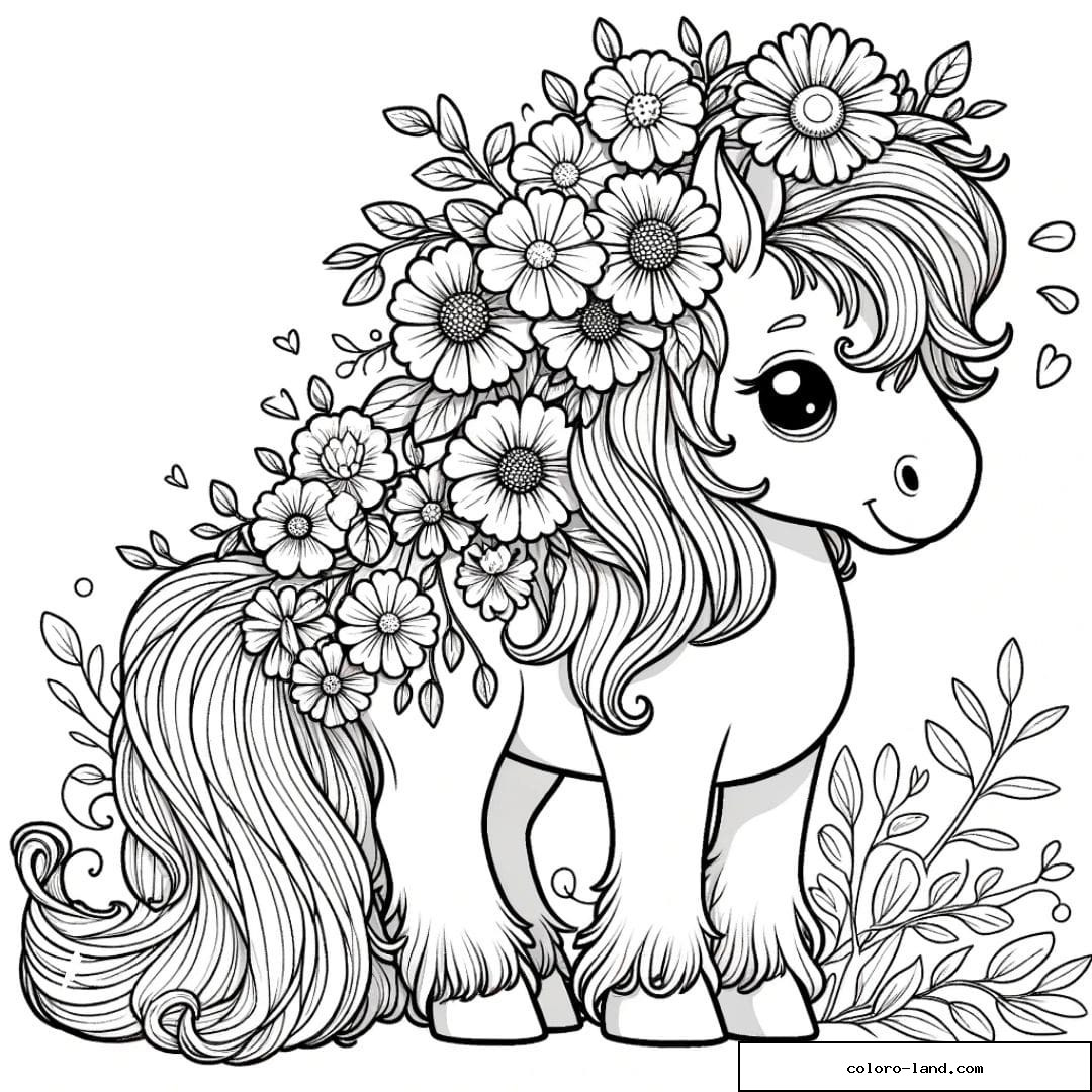 Coloriage d'un cheval à la crinière fleurie