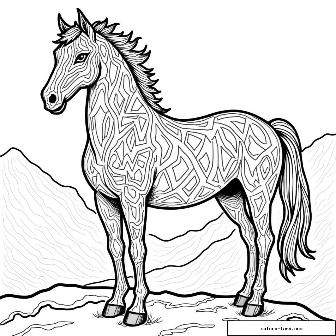 Dessin d'un cheval aux motifs géométriques en montagne