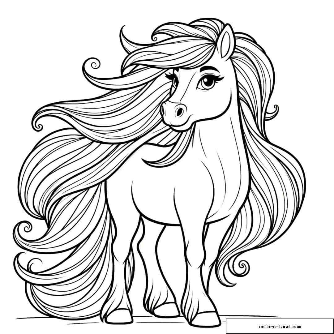 Coloriage d'un cheval avec une longue crinière au vent