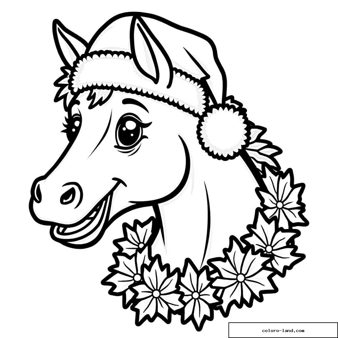 Cheval festif avec bonnet de Noël et couronne florale à colorier.
