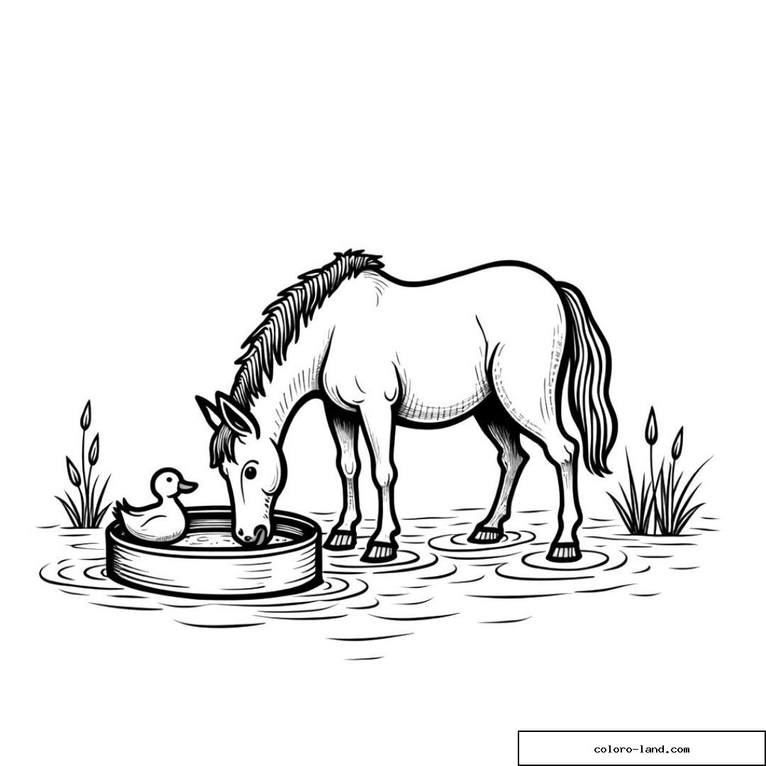 Cheval buvant avec un canard dans l'étang