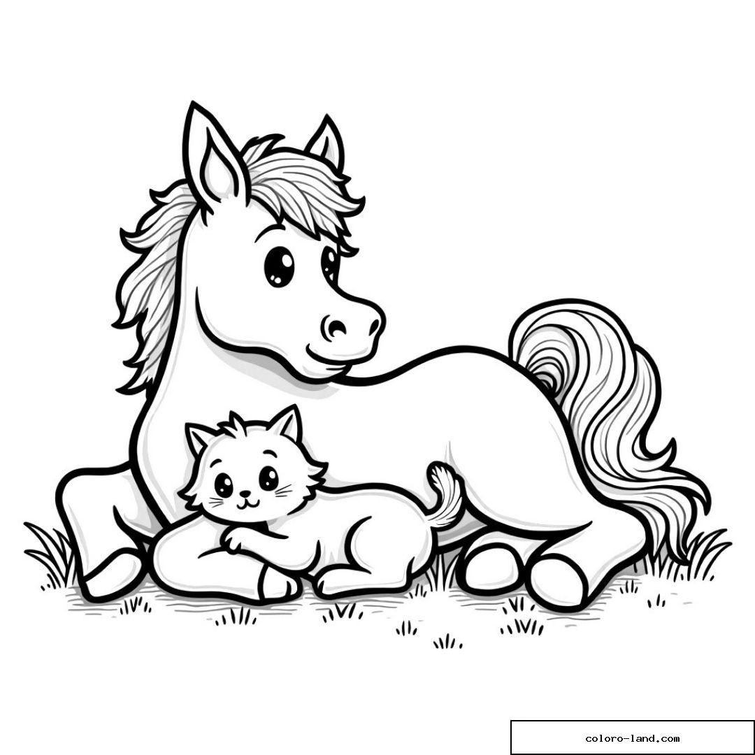 Dessin d'un cheval mignon et d'un chaton