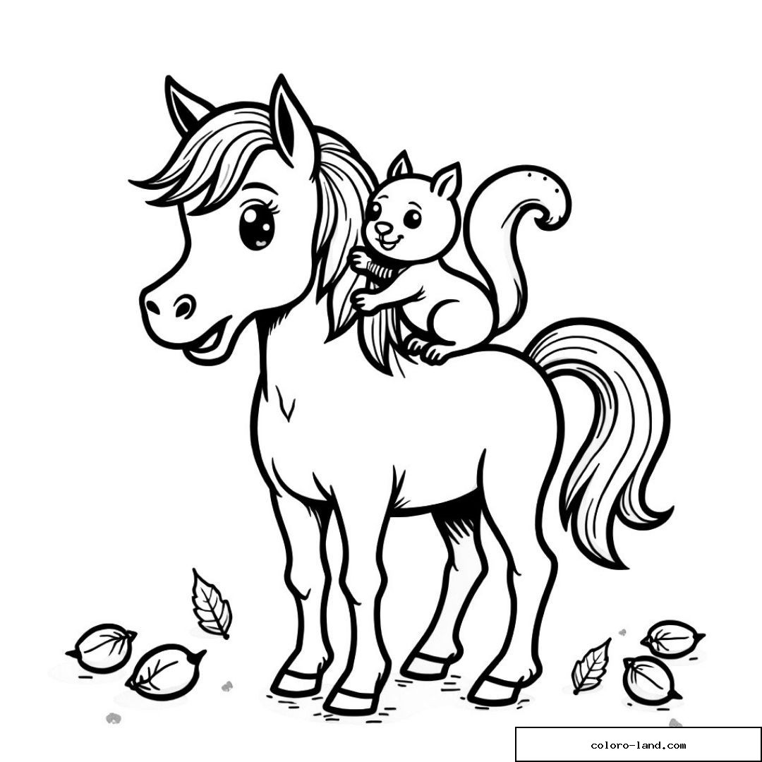 Un cheval et un écureuil jouant ensemble avec des feuilles d'automne.