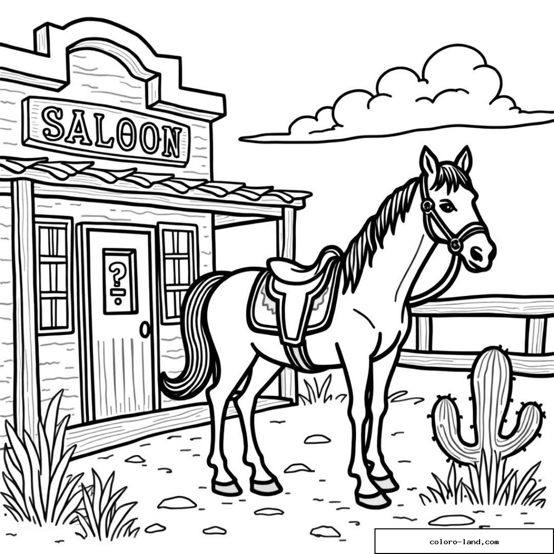 Dessin d'un cheval devant un saloon du Far West avec cactus et ciel nuageux.