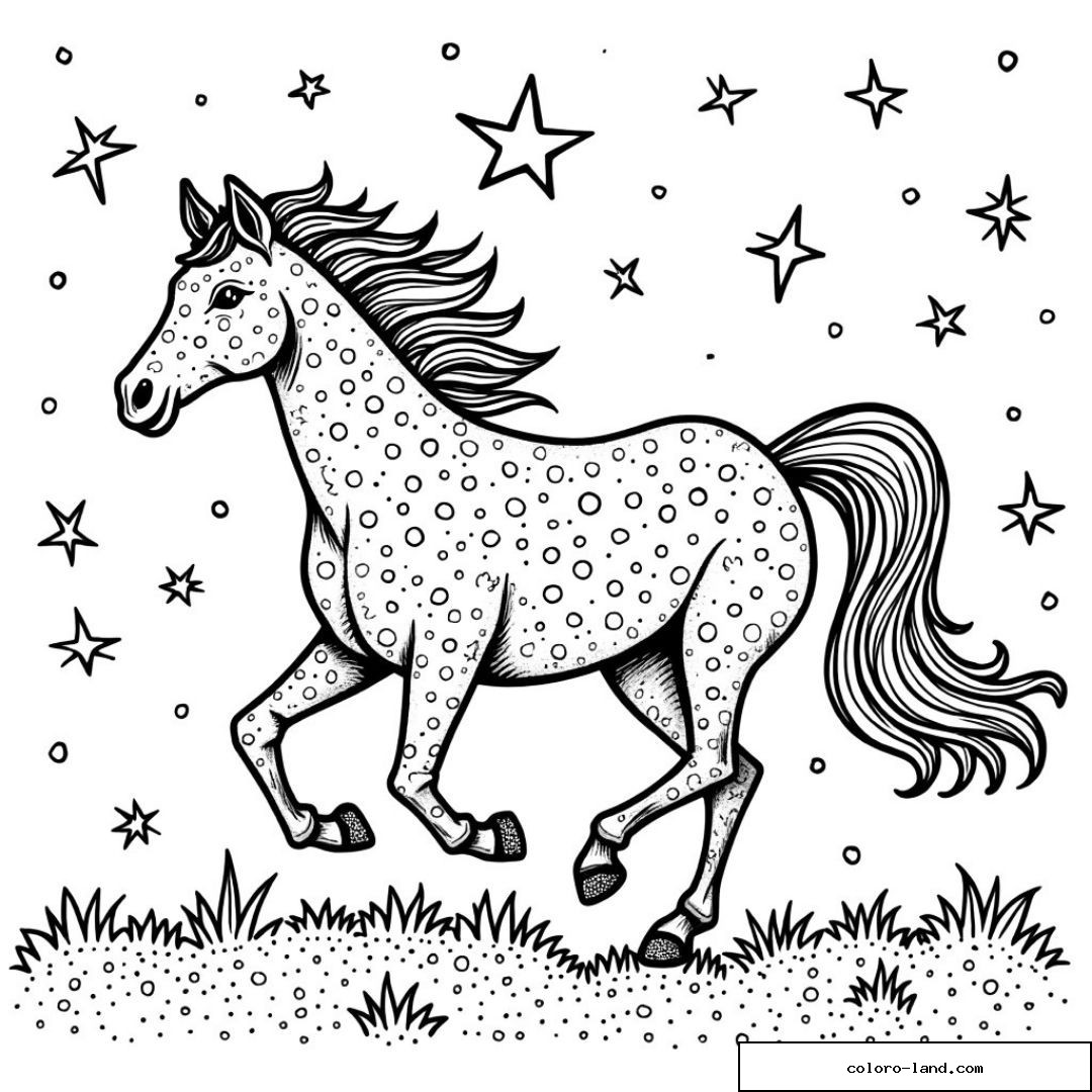 Dessin de cheval magique avec étoiles et herbe pour coloriage