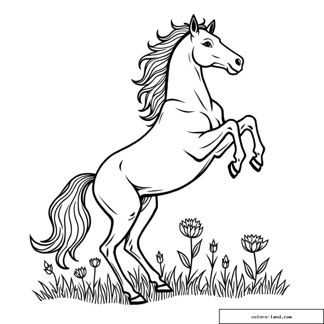 Cheval cabré dans un champ de fleurs