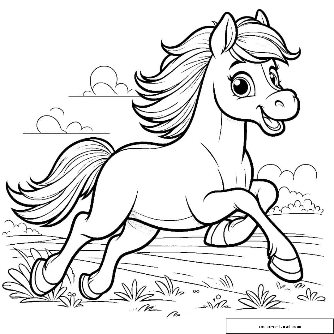 Coloriage d'un cheval galopant dans un champ