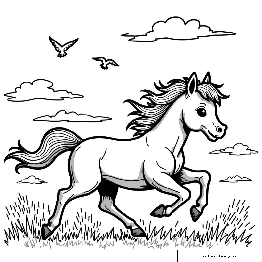 Cheval galopant avec oiseaux et nuages dans un pré
