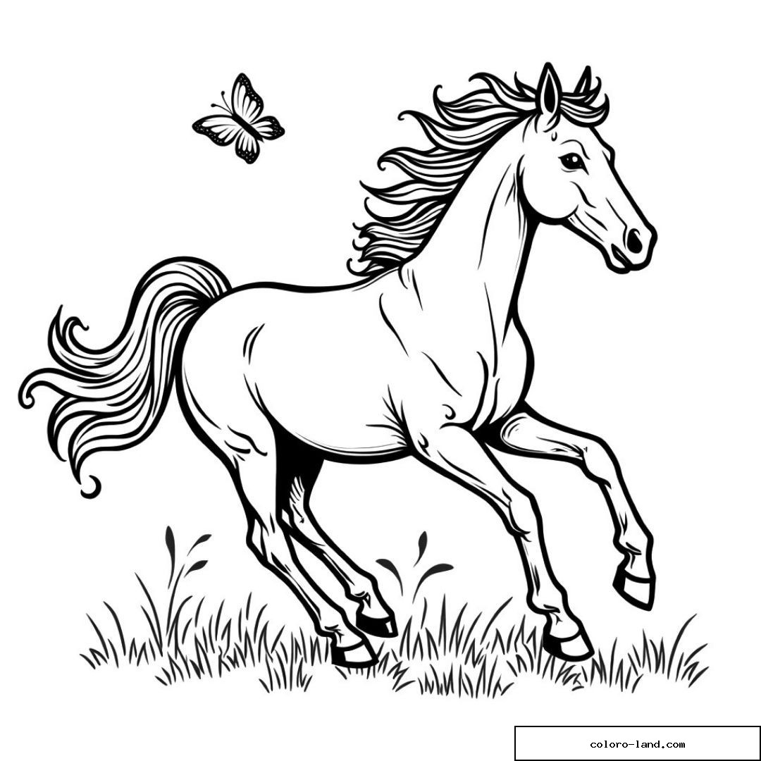 Cheval galopant dans l'herbe avec papillon.