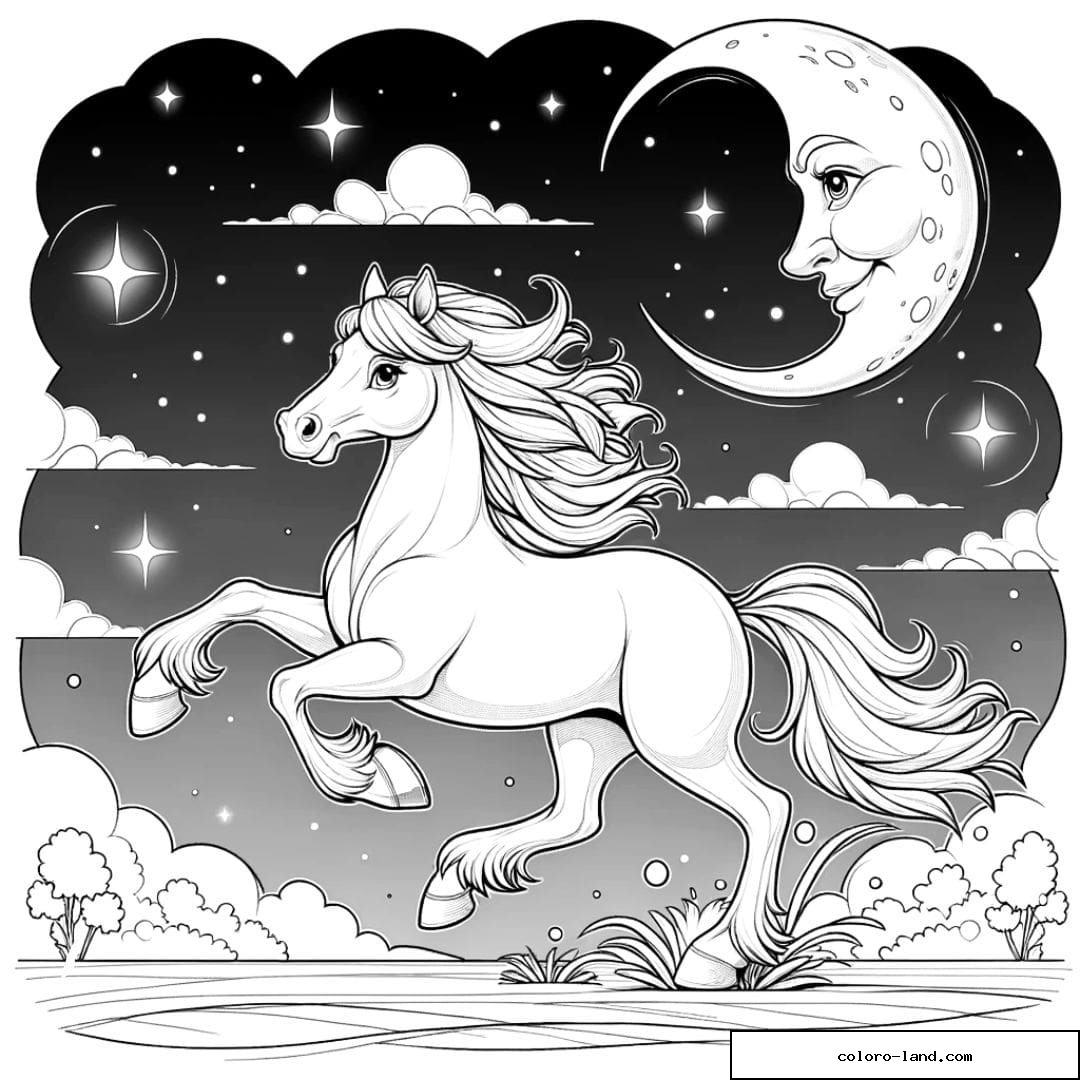 Coloriage d'un cheval galopant sous la lune