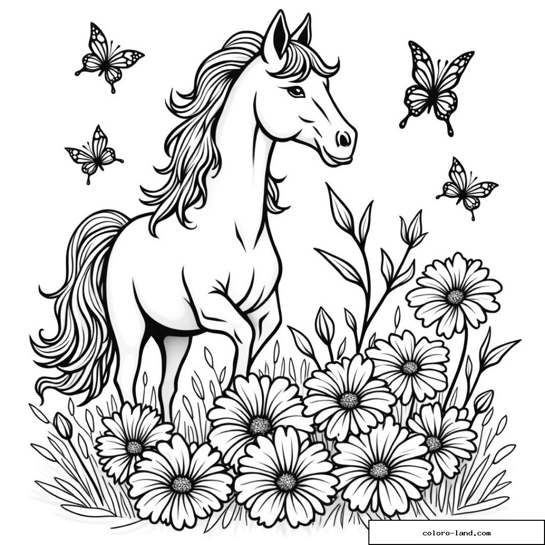 Cheval au milieu de fleurs et papillons