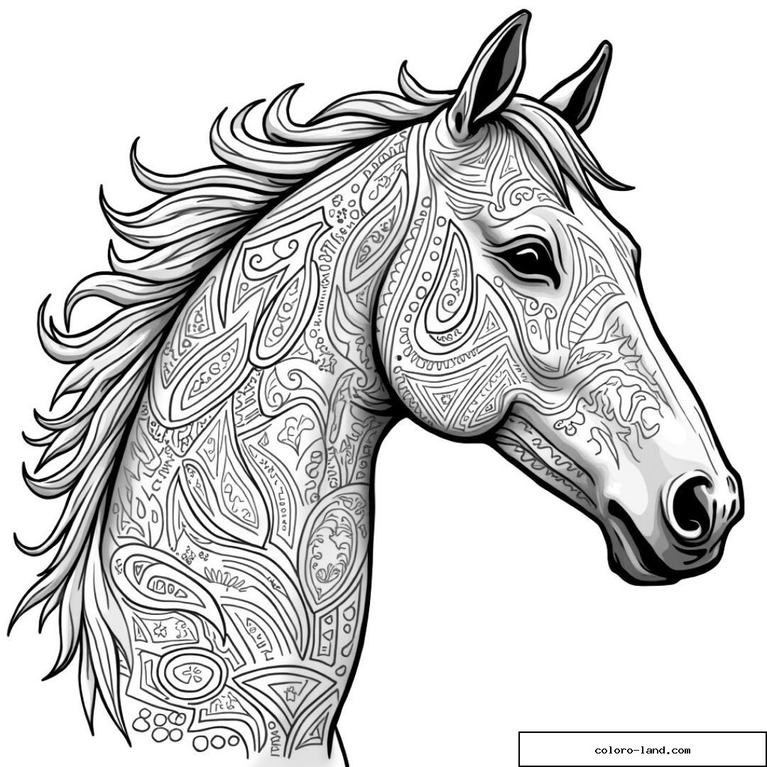 Cheval avec motifs mandala détaillés à colorier.