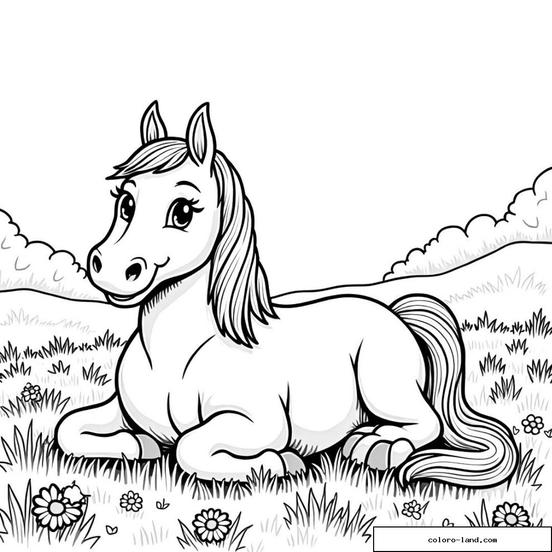 Coloriage de cheval mignon allongé sur l'herbe