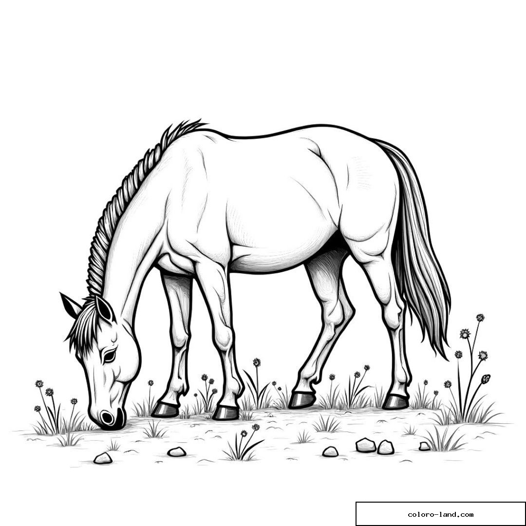 Dessin en noir et blanc d'un cheval broutant dans un pré fleuri.