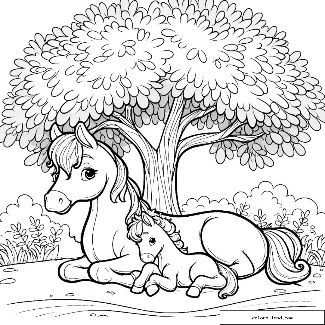 Coloriage d'un cheval sous un arbre ombragé