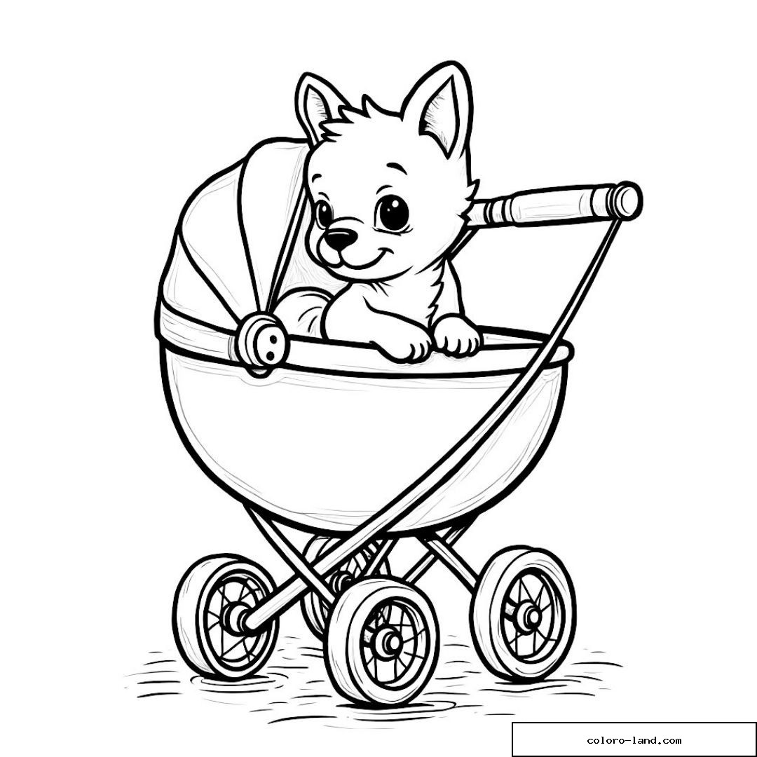 Chiot mignon dans une poussette pour coloriage enfant