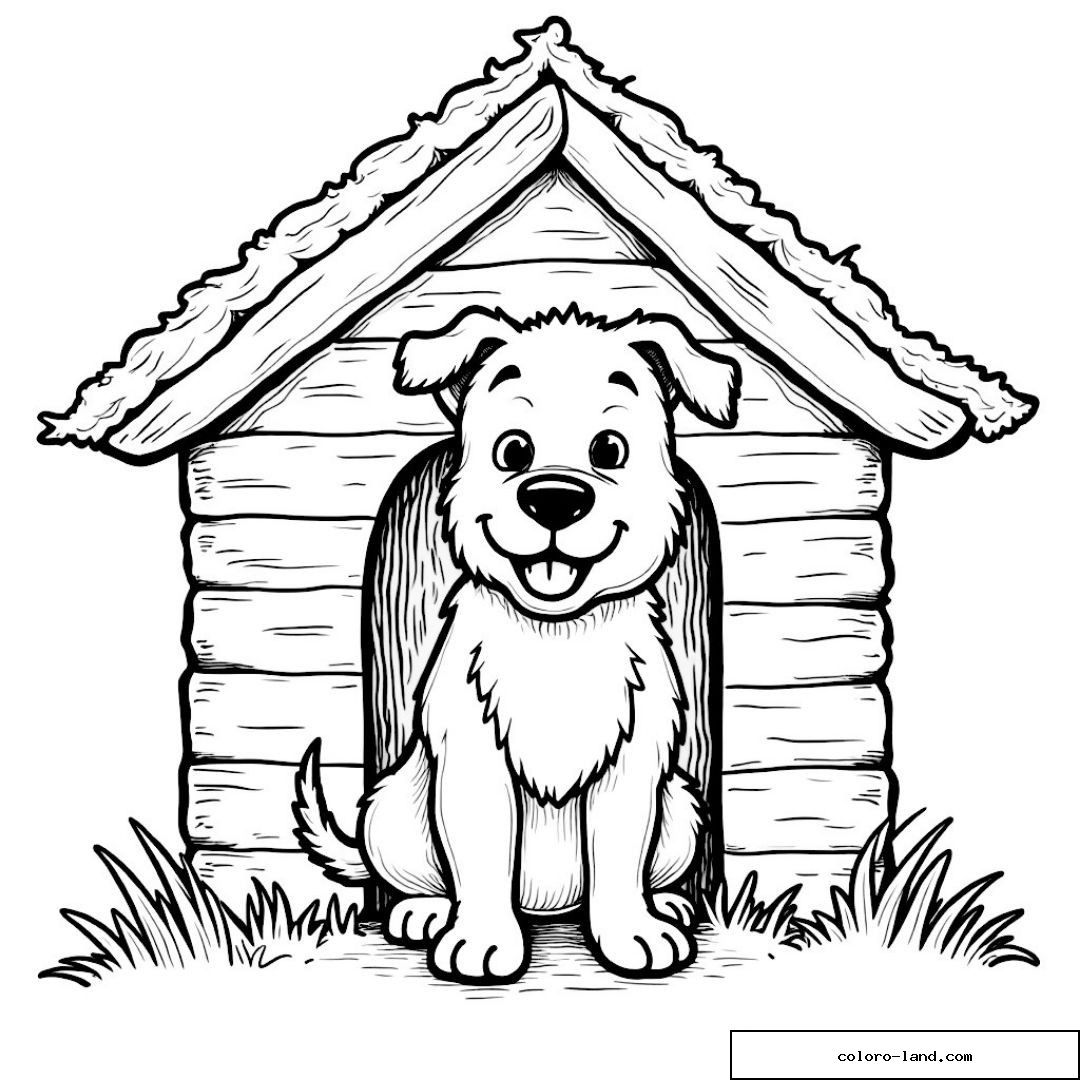 Chien assis devant sa niche en bois