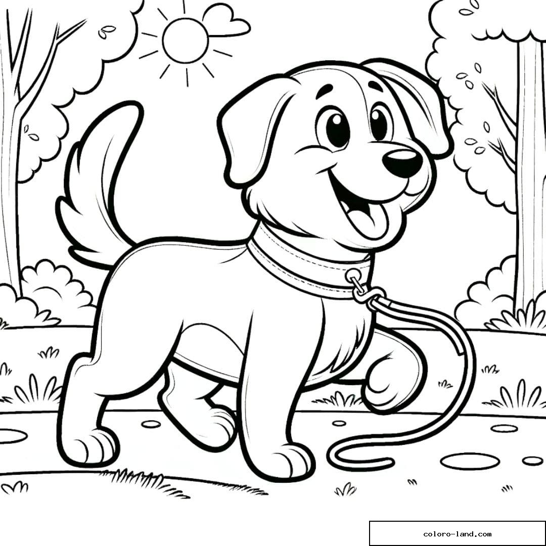 Coloriage d'un Chien en promenade dans un parc