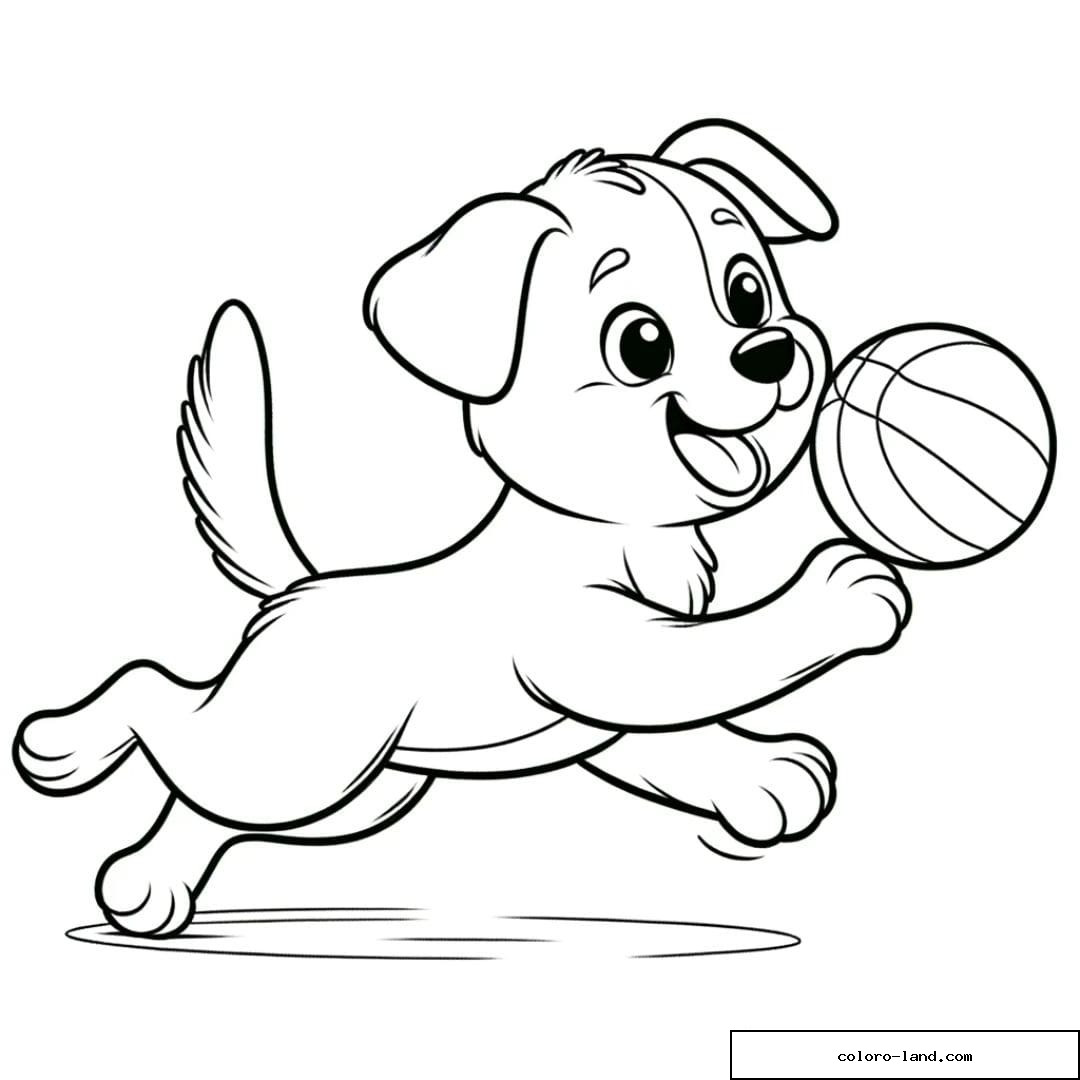 Dessin à colorier de chien jouant avec une balle pour enfants