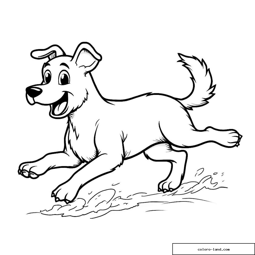Dessin d'un chien joyeux courant dans une flaque d'eau.