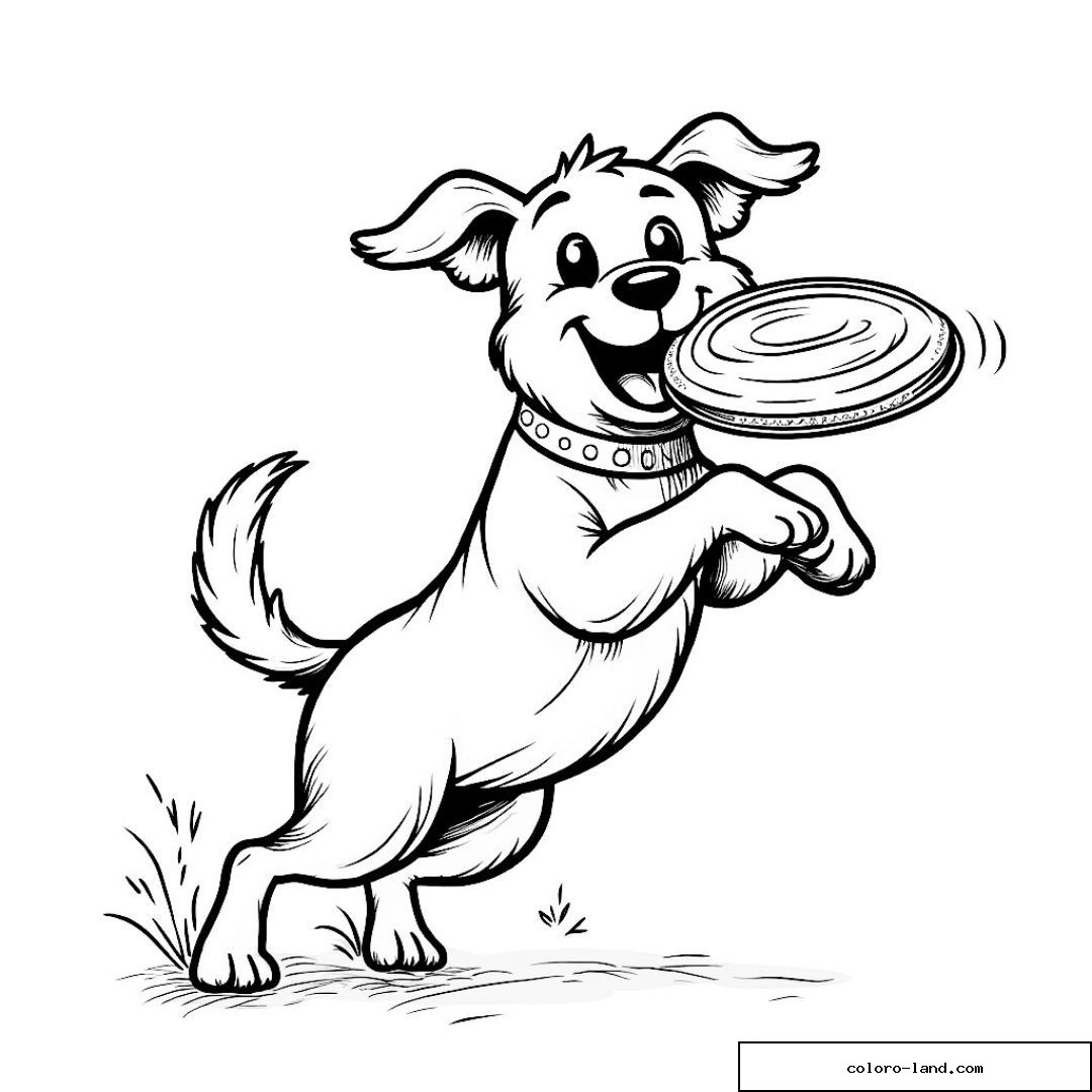 Chien joyeux avec frisbee à colorier