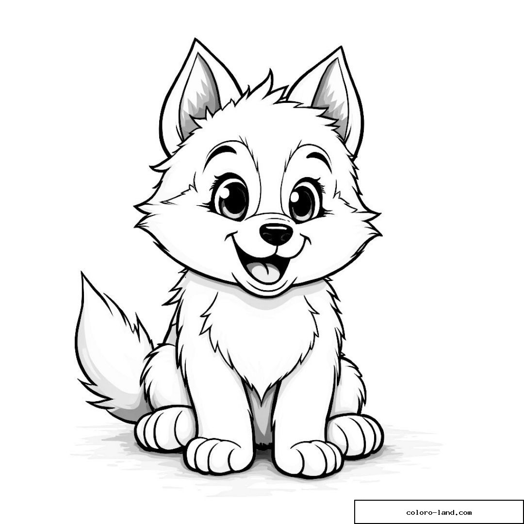 Dessin noir et blanc d'un chien mignon assis avec un grand sourire